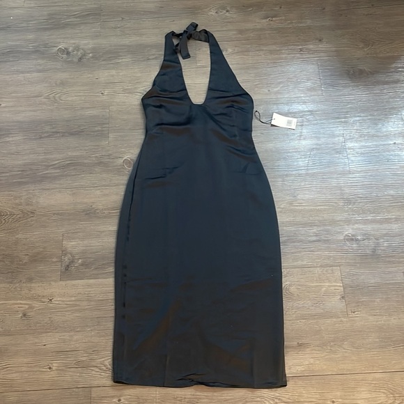 Jason Wu Black Satin Plunging Neckline Halter Midi Dress NWT - Picture 5 of 10